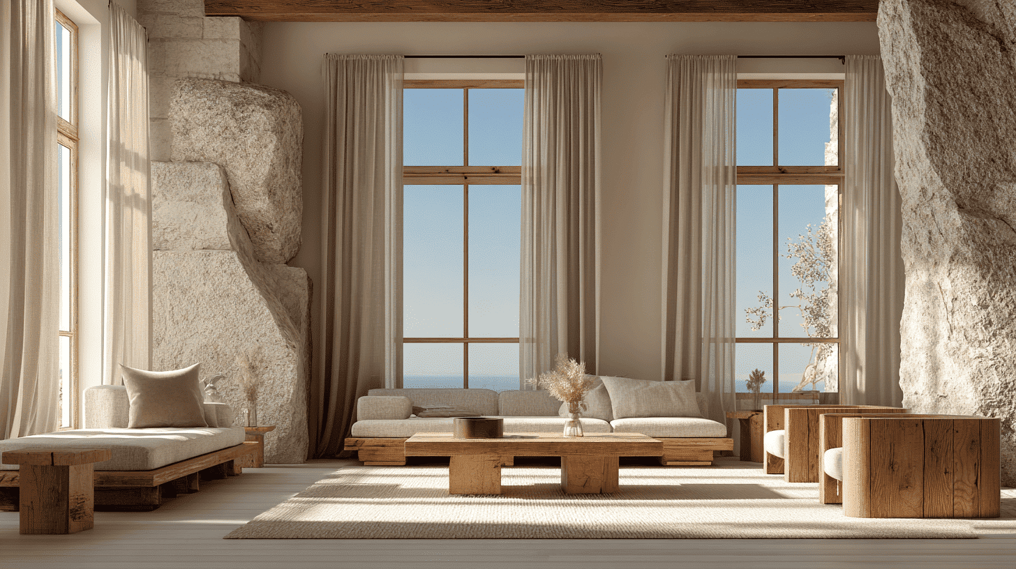 Large Windows With Minimal Window Treatments In Modern Rustic Living Room