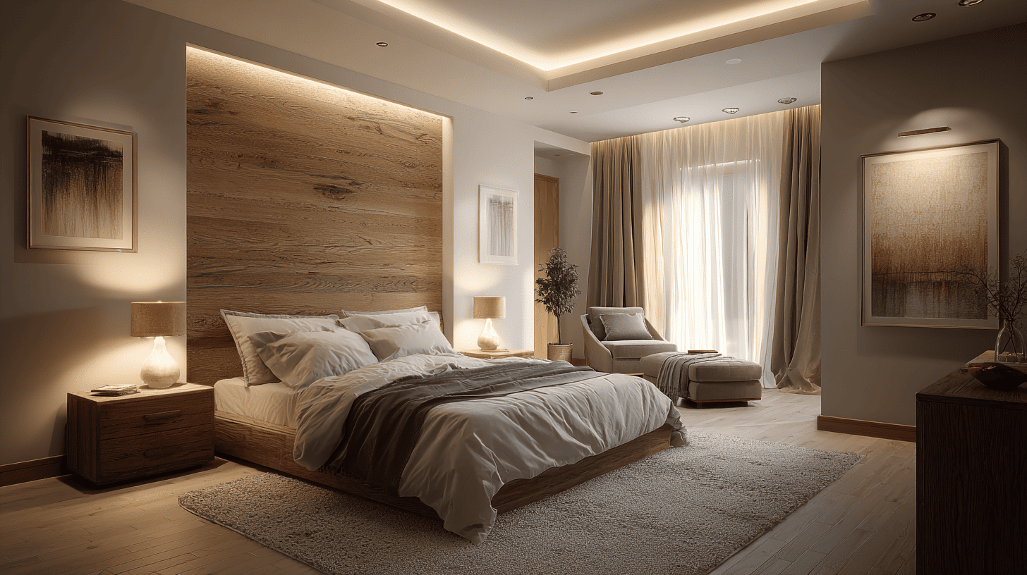 Layered Lighting For Warmth In Modern Rustic Bedroom