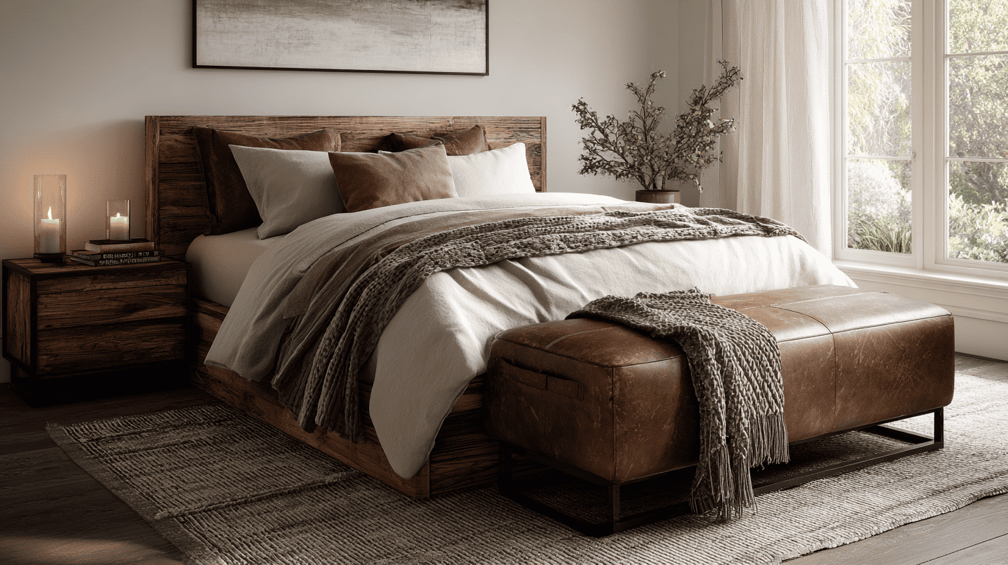 Leather Or Fabric Bench At Foot Of Bed In Rustic Bedroom