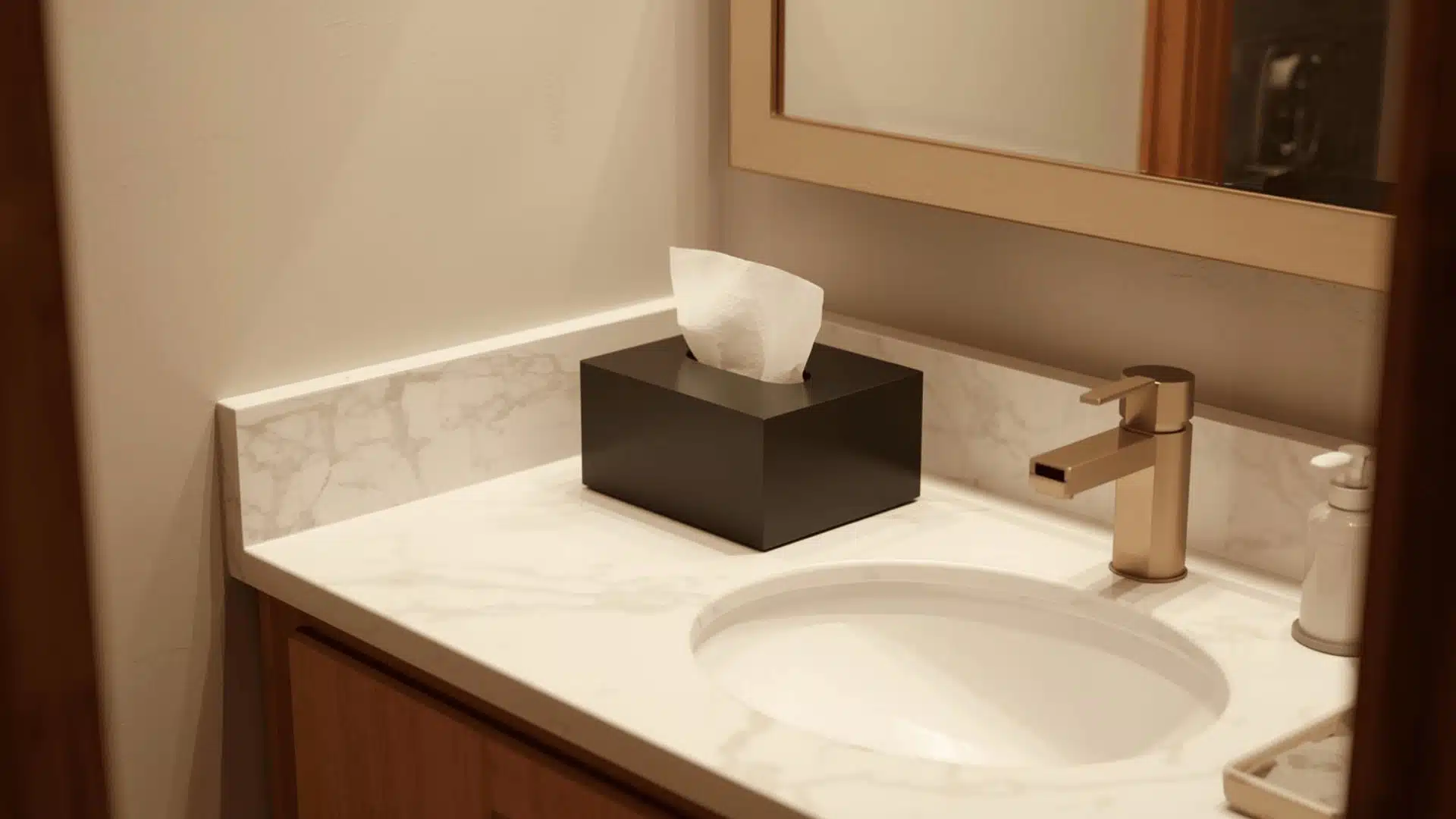 Lidded tissue cover keeps vanity looking clean.