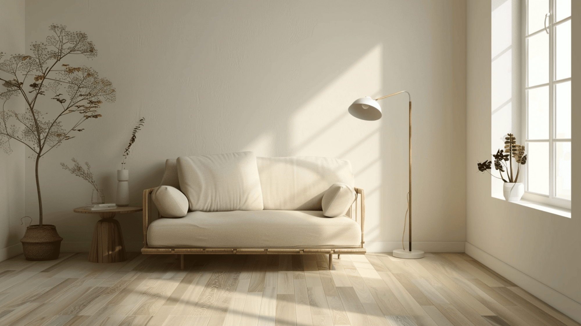 A minimalist, sunlit room features a beige sofa with two cushions, a light oak floor, a lamp, a small wooden table with a vase, and tall, delicate branches.