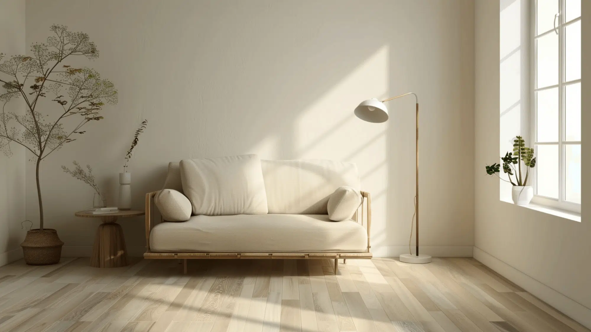 A minimalist, sunlit room features a beige sofa with two cushions, a light oak floor, a lamp, a small wooden table with a vase, and tall, delicate branches.