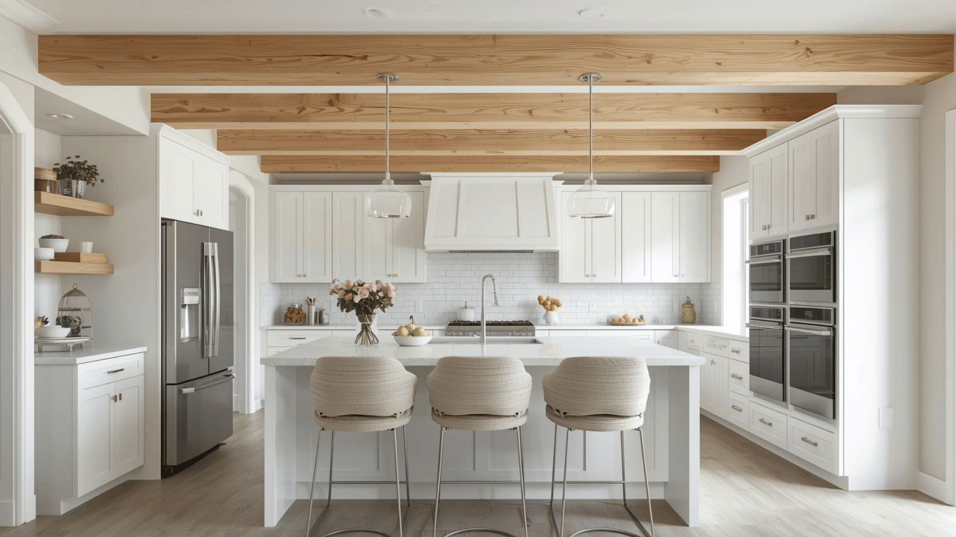 Light Wood Beams in White Kitchens