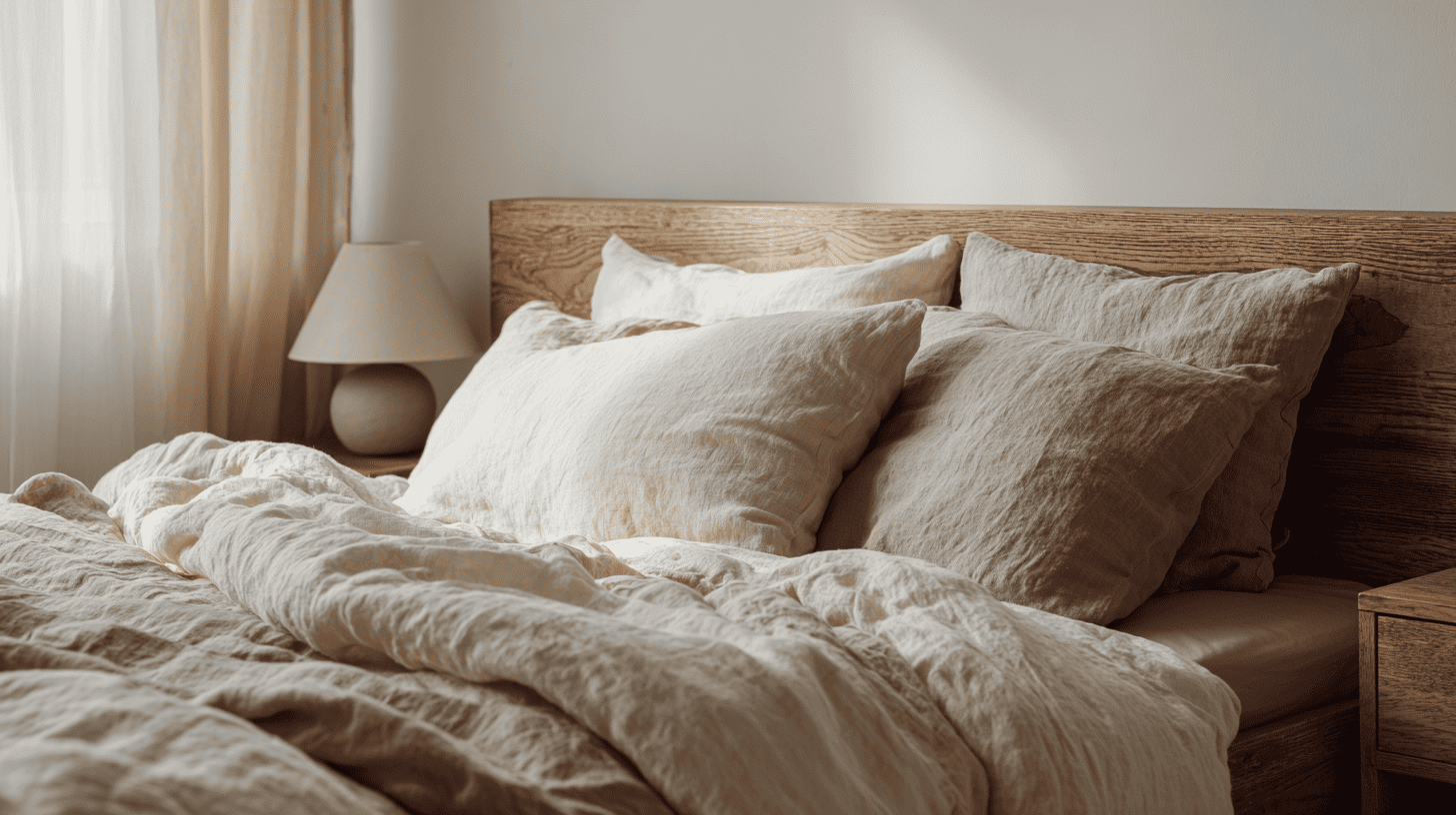 Linen Bedding In Neutral Shades In Rustic Bedroom