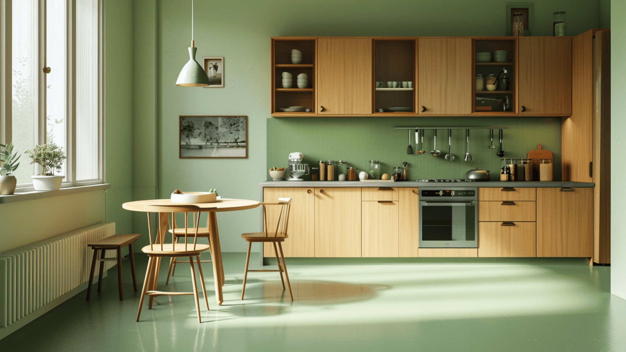 A sunlit kitchen with light green walls and a minimalist design with linoleum tiles. Wooden cabinets and a round dining table with chairs create a cozy and inviting atmosphere.