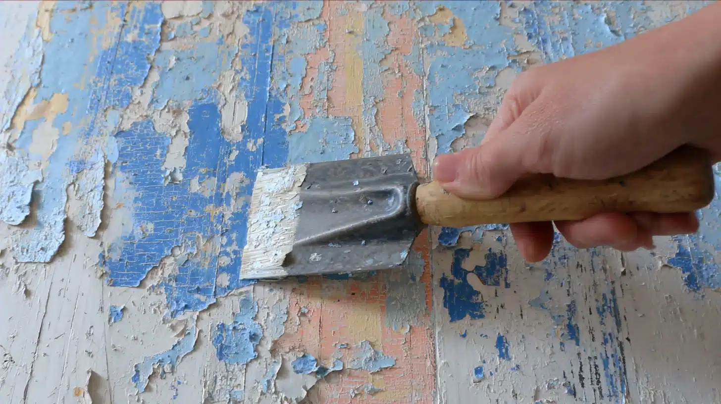 Manual paint scraping with a putty knife, removing loose paint from wood.