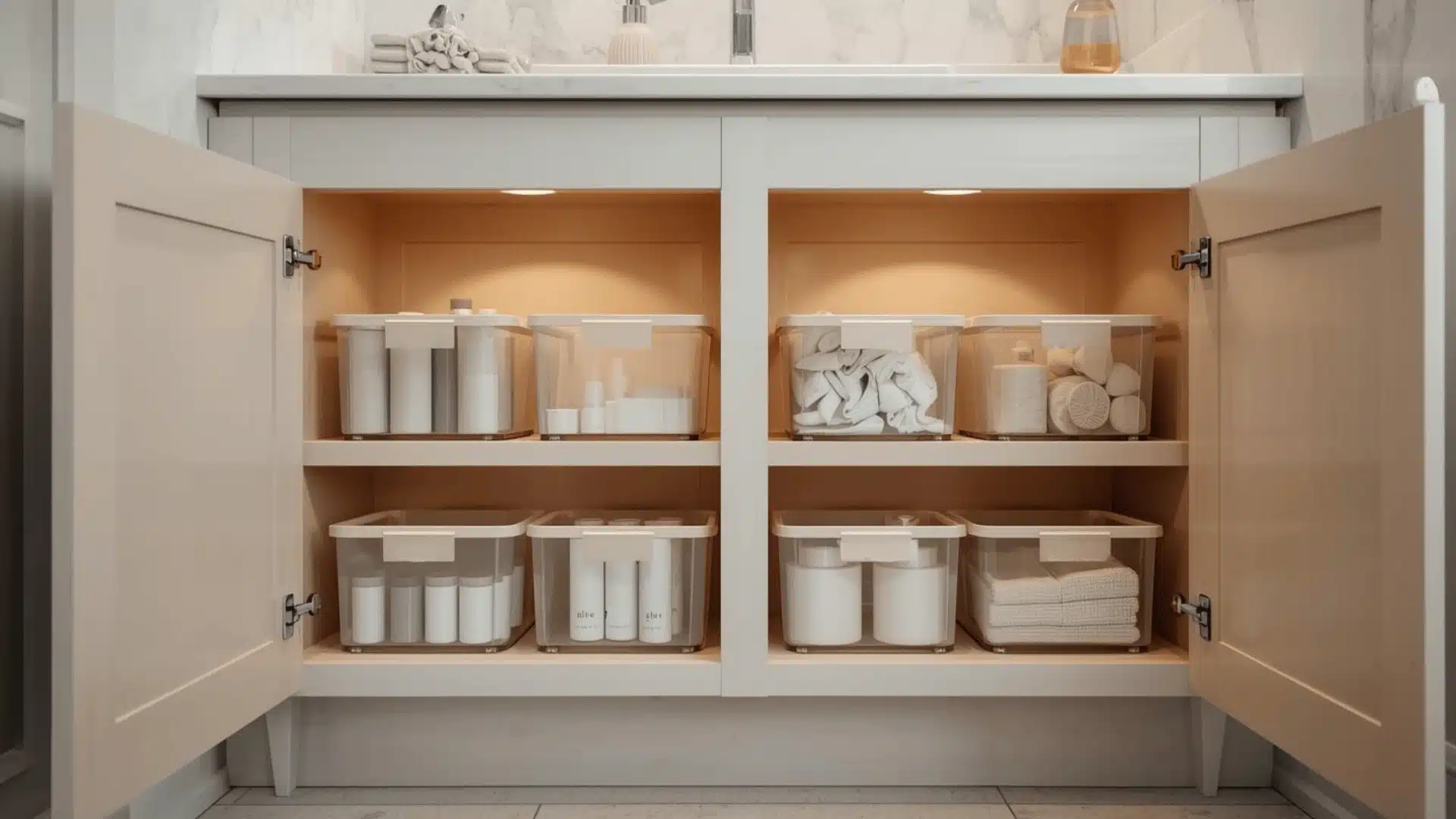 Matching Under-Sink Containers In Half Bath