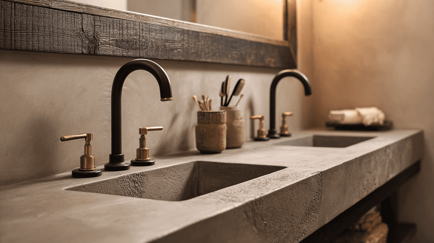Matte Black Or Brass Faucets In Rustic Bathroom
