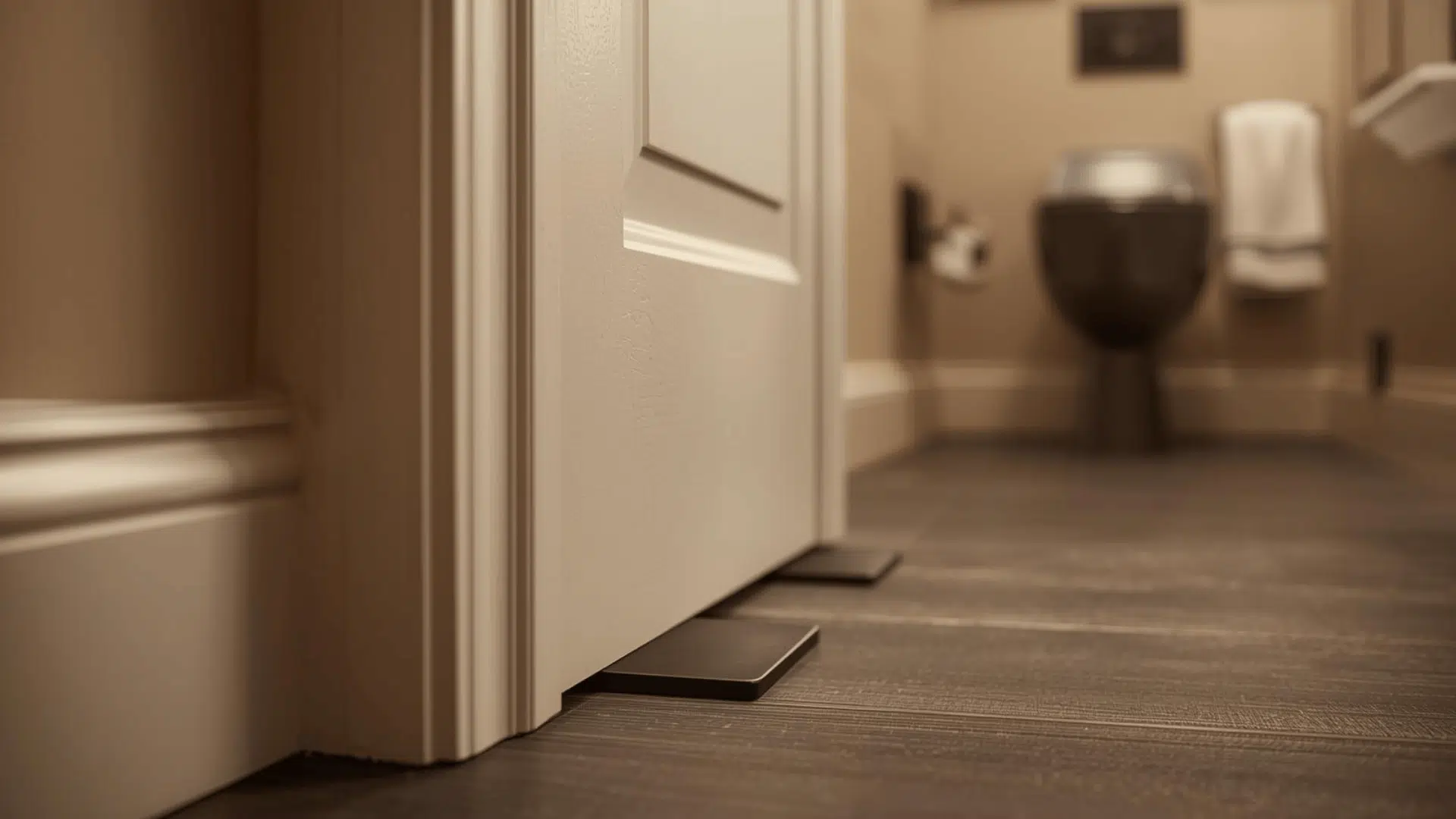 Matte black door stop detail in half bath trim now