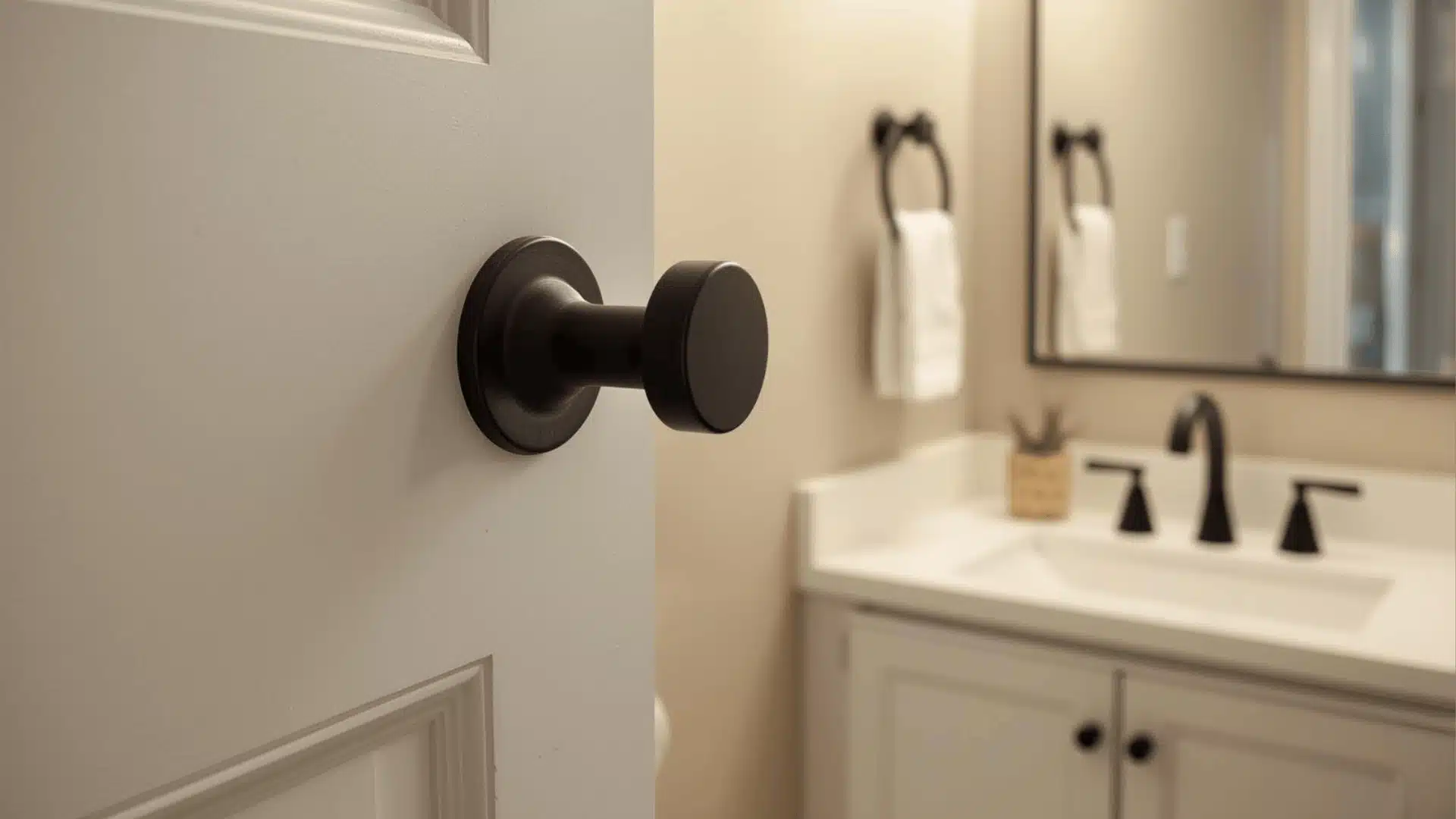 Matte black lever updates half bath door style.