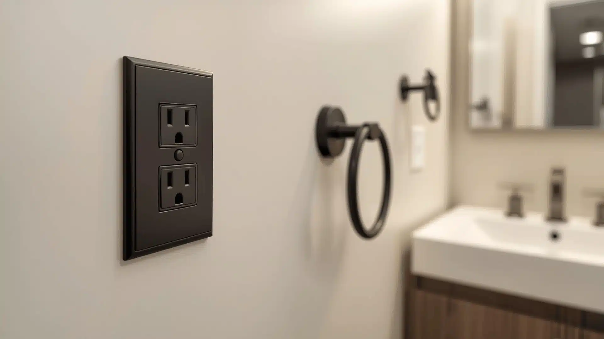 Matte black switch plates match half bath hardware.