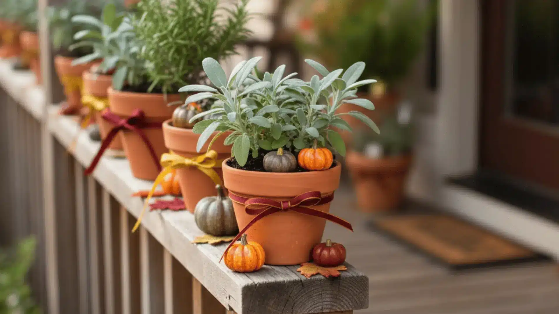 Porch mini garden with small herb pots, tiny pumpkins, and autumn ribbons.