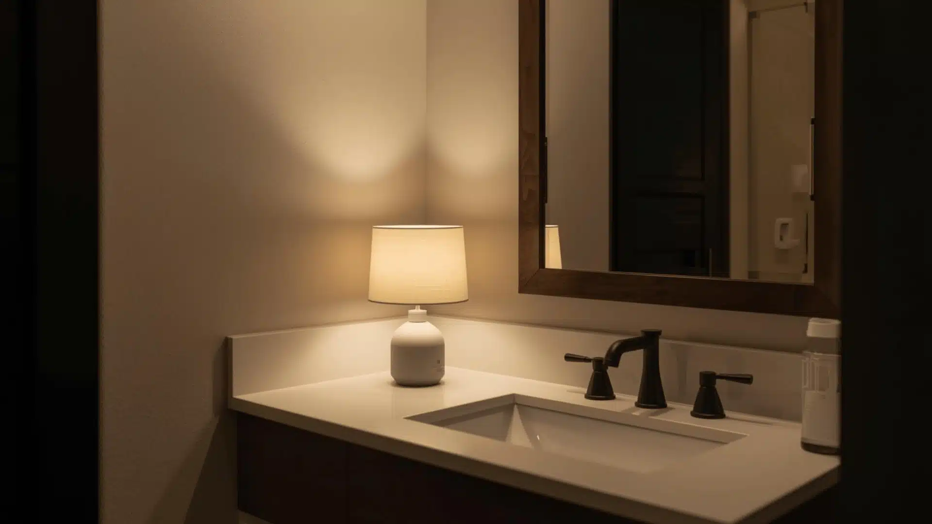 Mini lamp adds warm glow to small half bath vanity.