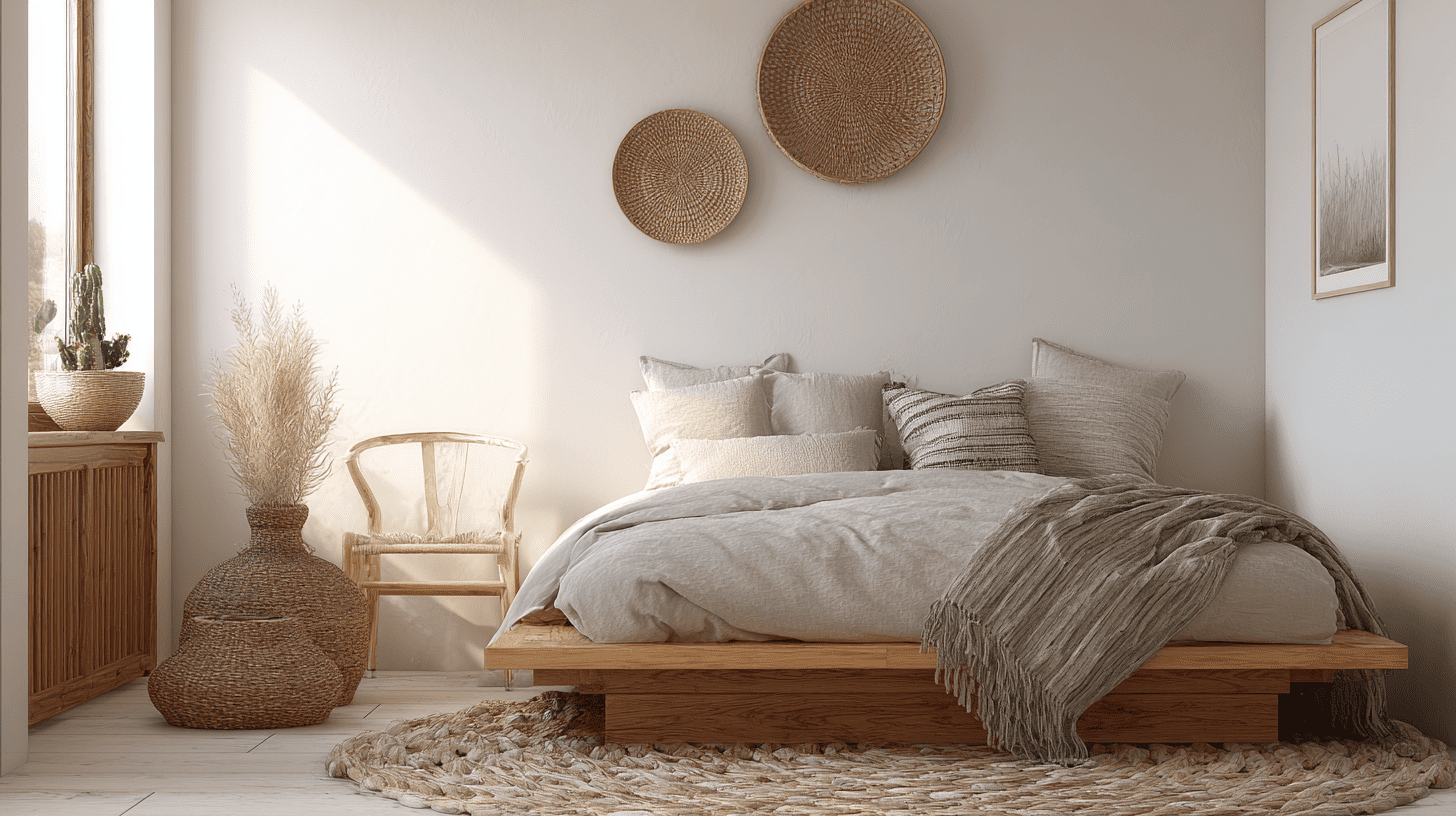 Minimal Wall Decor With Natural Textures In Rustic Bedroom