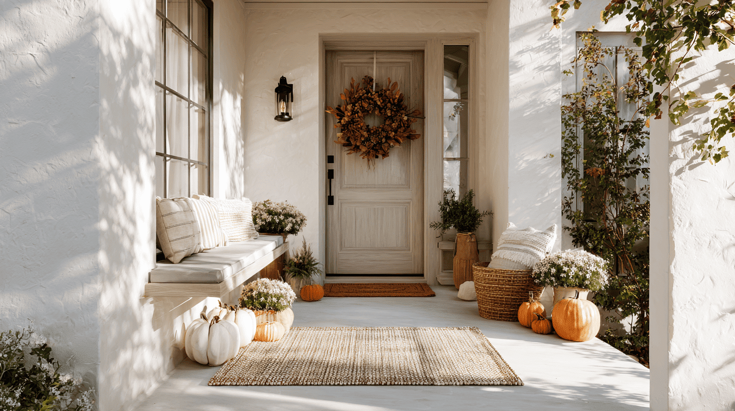 Minimalist porch with neutral pumpkins, a wreath, and soft fall colors.