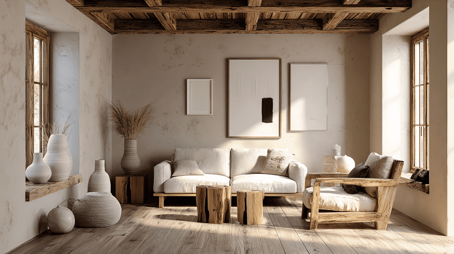 Mix Of Old Wood And Modern Decor In Rustic Living Room