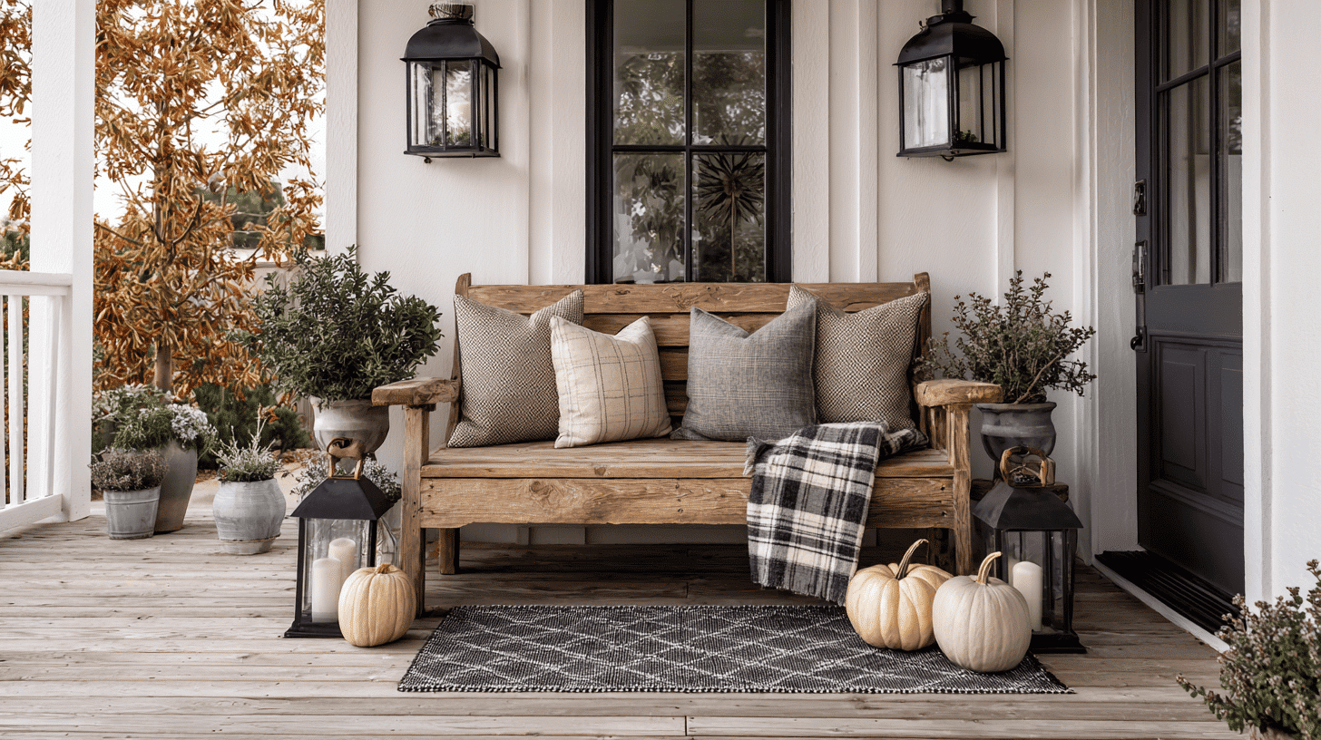 Modern farmhouse porch with light wood furniture, neutral pumpkins, and black lanterns.