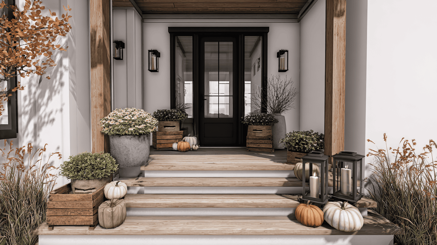 Modern porch with straight lines, neutral pumpkins, small planters, and minimal fall decor.