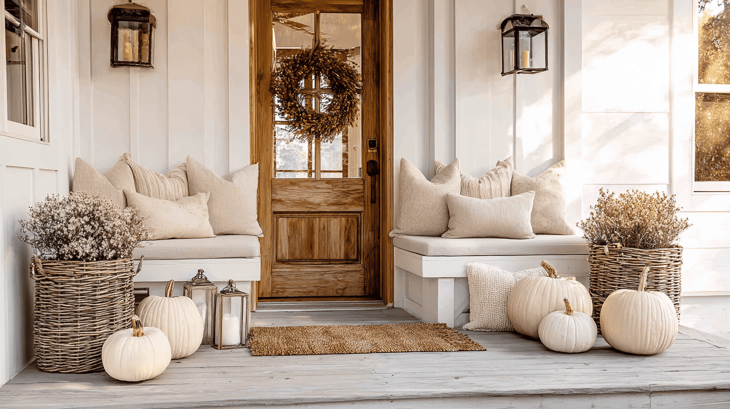 Beige monochromatic porch with pumpkins, planters, and cushions for a calm fall look.
