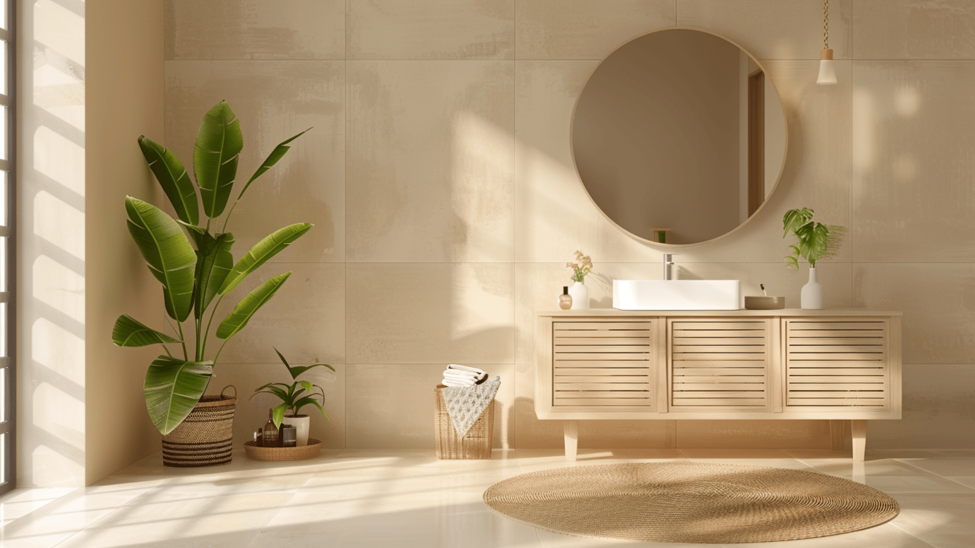 A serene bathroom with a round mirror above a wooden vanity, bathed in soft sunlight. Includes green plants, a woven rug, a monochromatic tile pattern flooring, and a calming, minimalist vibe.