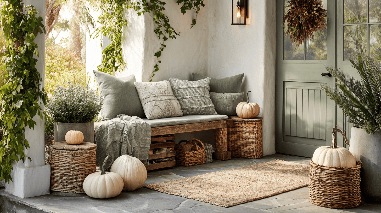 Front porch styled with muted sage and cream accents and natural textures for fall.