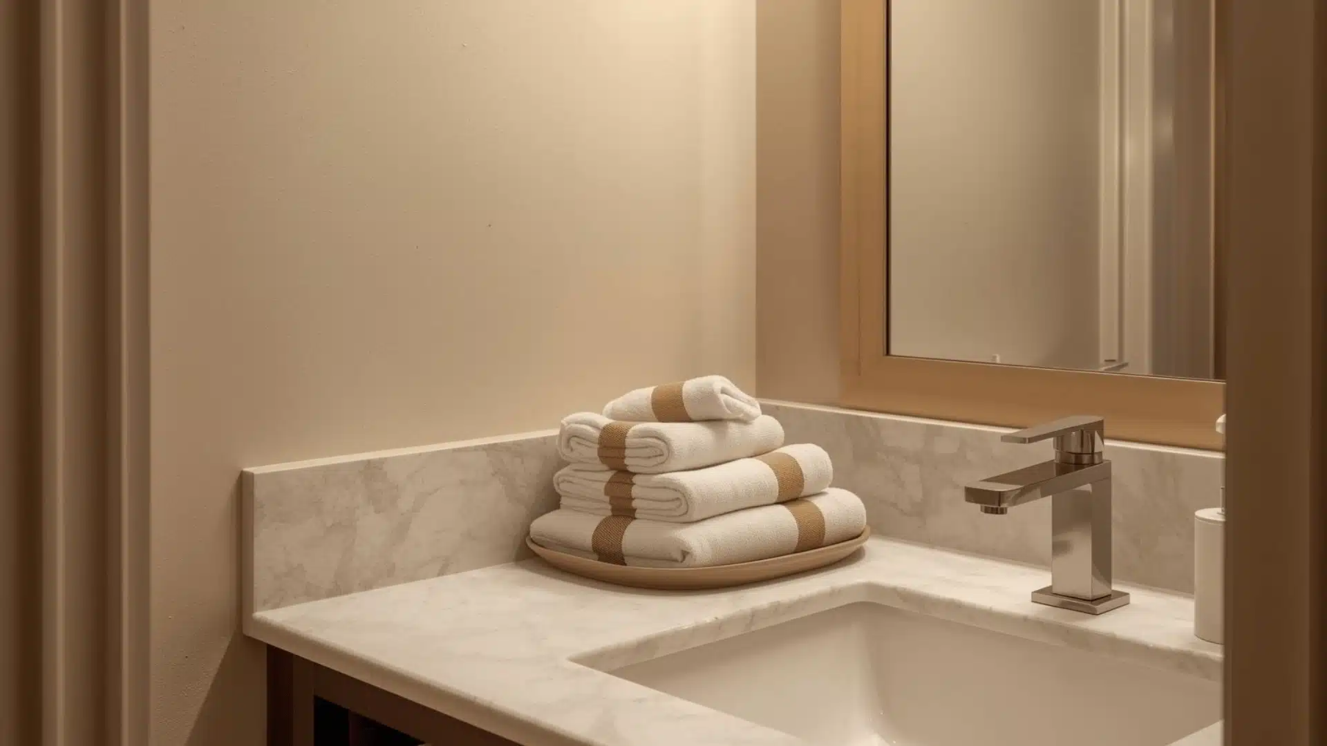 Neat Stack Of Guest Towels On Vanity