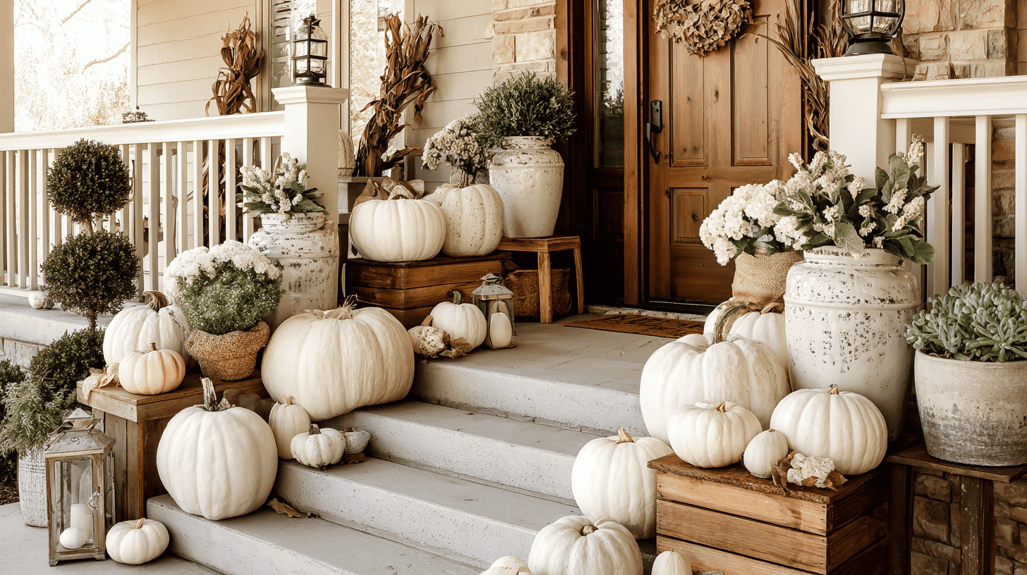 Front porch with white pumpkins and soft neutral tones creating a calm fall look.