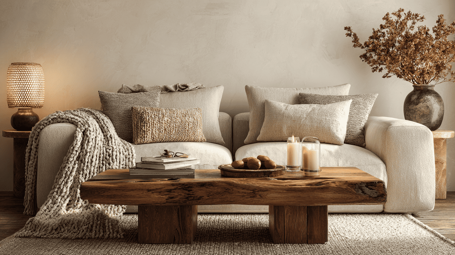 Neutral Sofa With Textured Throws In Rustic Living Room