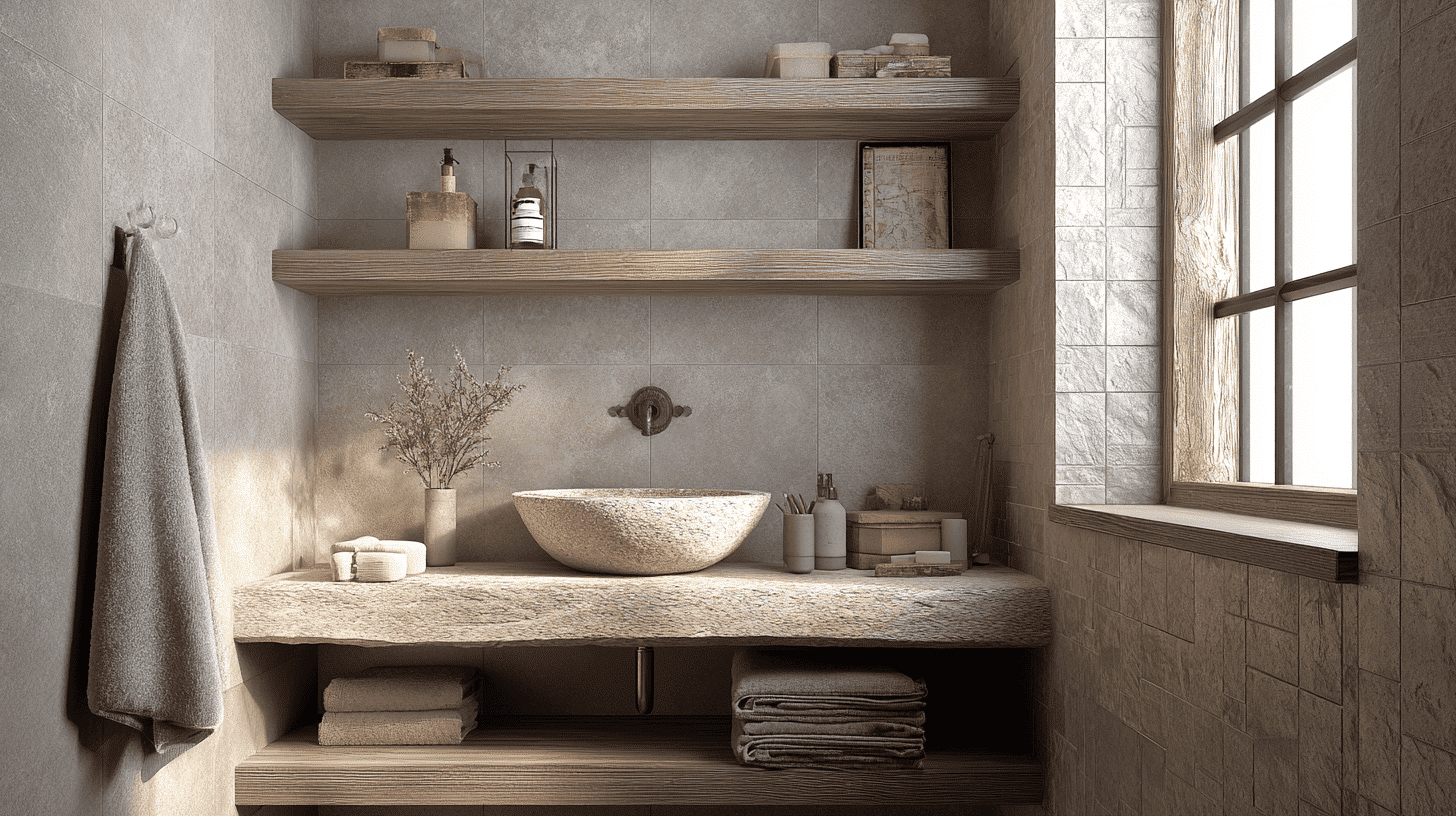 Neutral Textured Tile In Modern Rustic Bathroom
