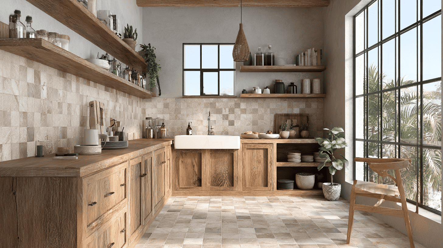 Neutral Tiles Paired With Wooden Textures In Rustic Kitchen