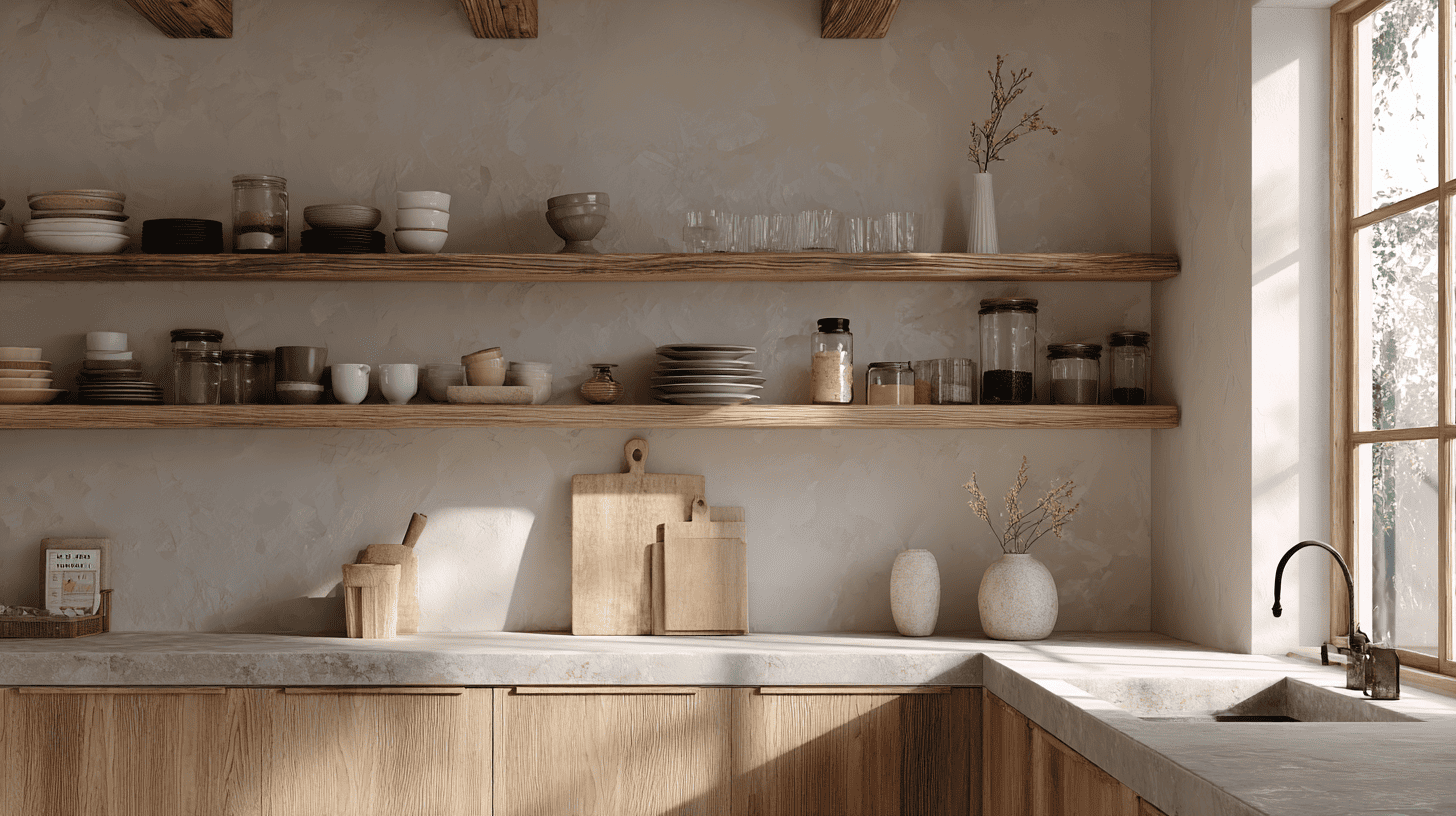 Open Wood Shelving In Modern Rustic Kitchen
