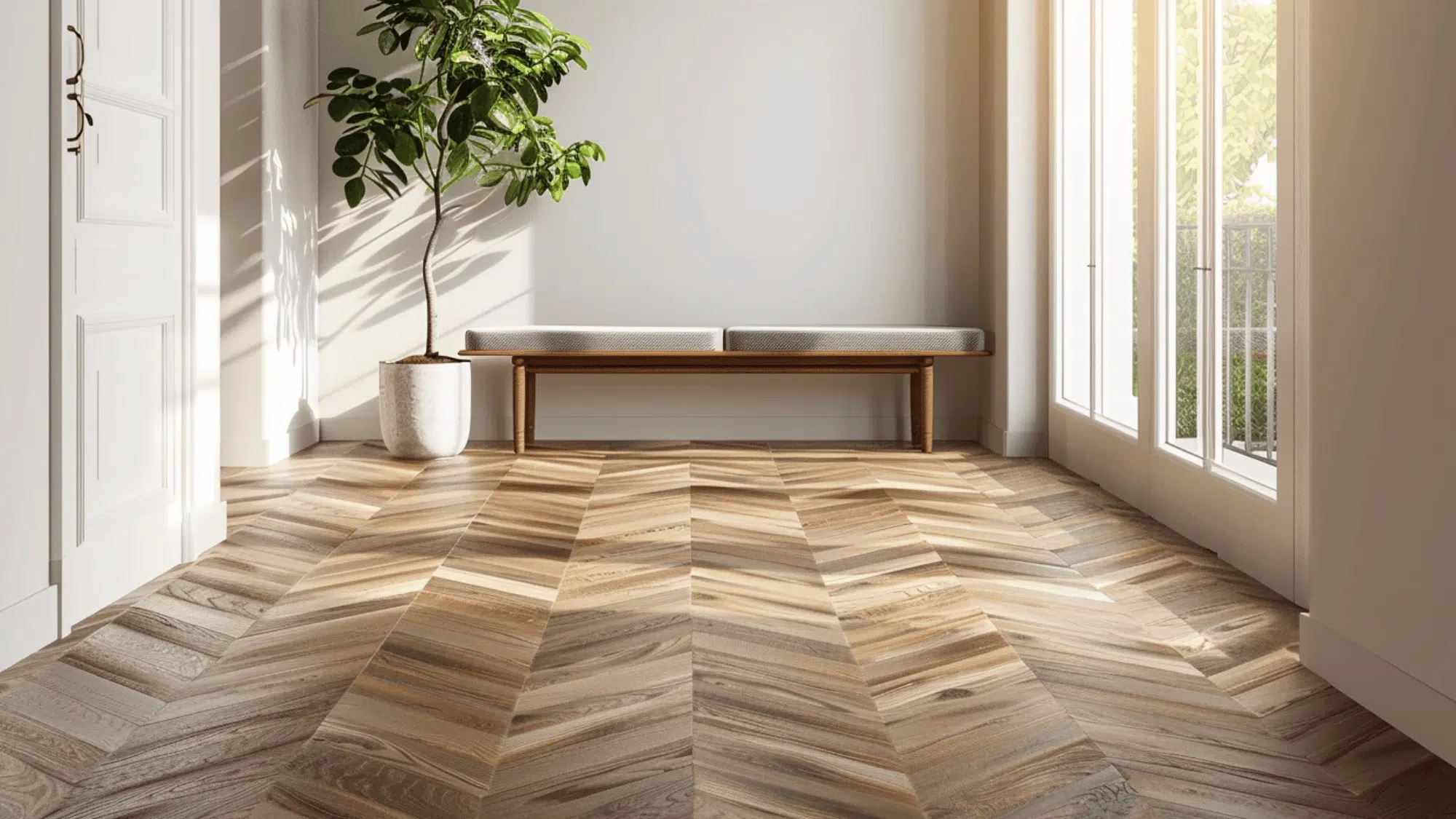Sunlit room with parquet floor, a tall potted plant, and a wooden bench by large windows. The scene is serene and inviting.