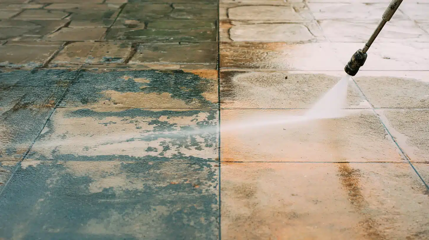 Pressure washer removing peeling paint from floor