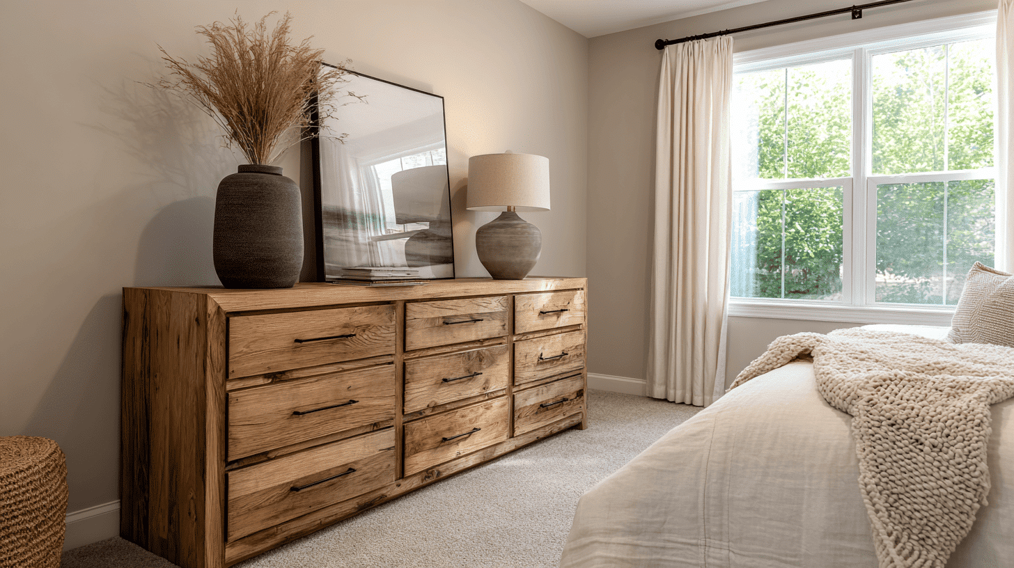 Raw Wood Dresser In Modern Rustic Bedroom
