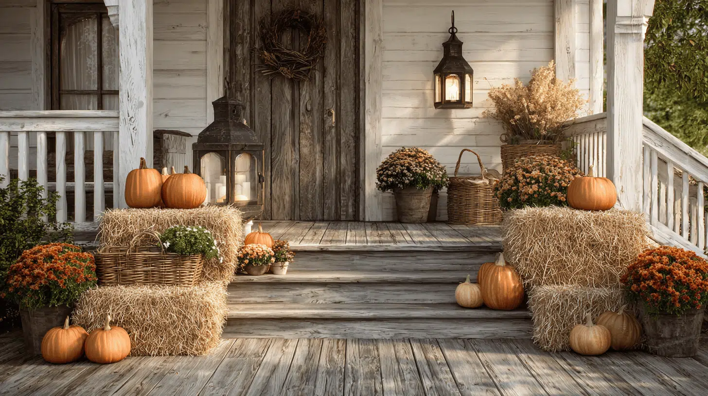 Front porch featuring hay bales topped with pumpkins, gourds, and potted mums.