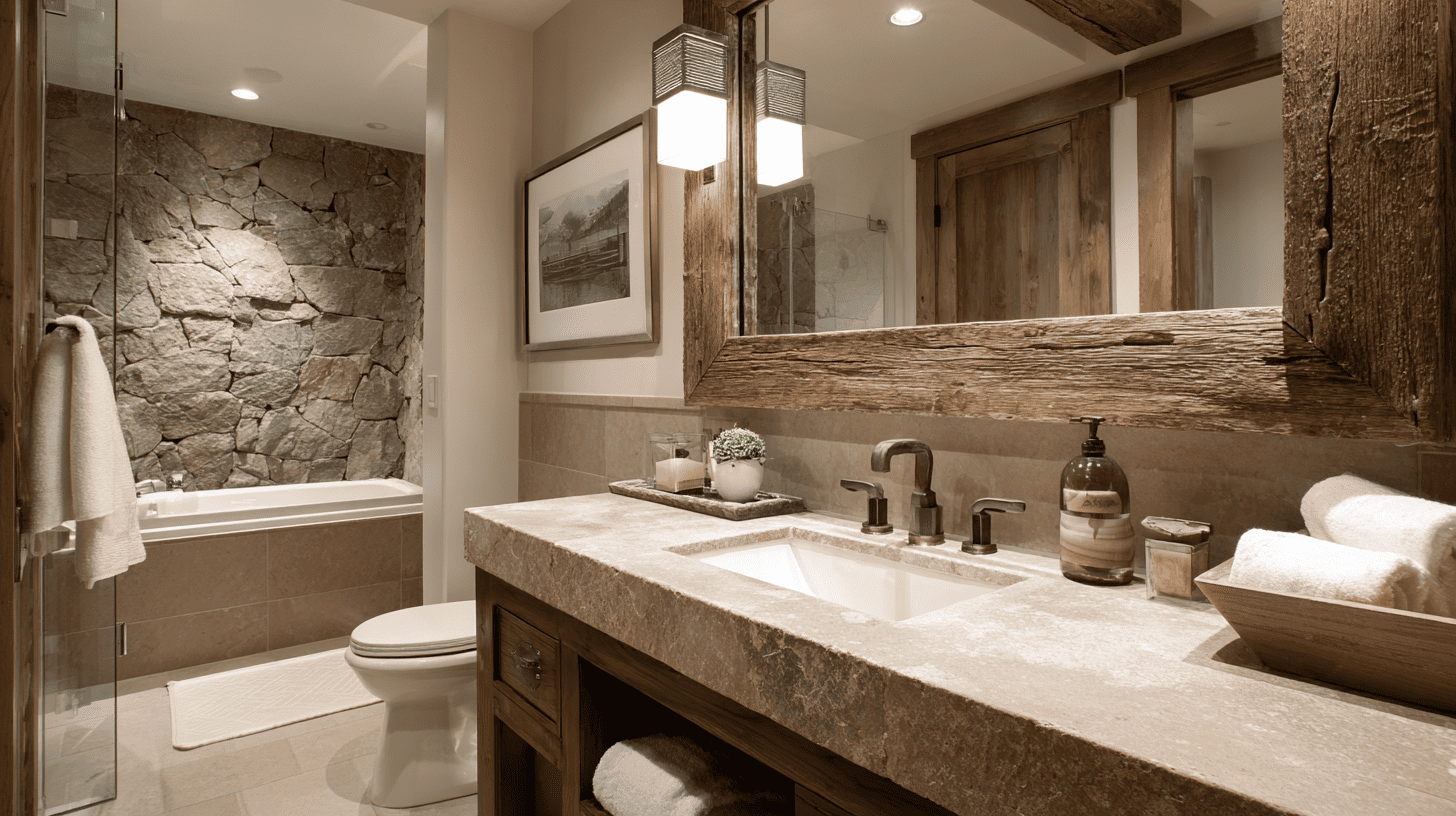 Rustic Framed Mirror In Modern Rustic Bathroom