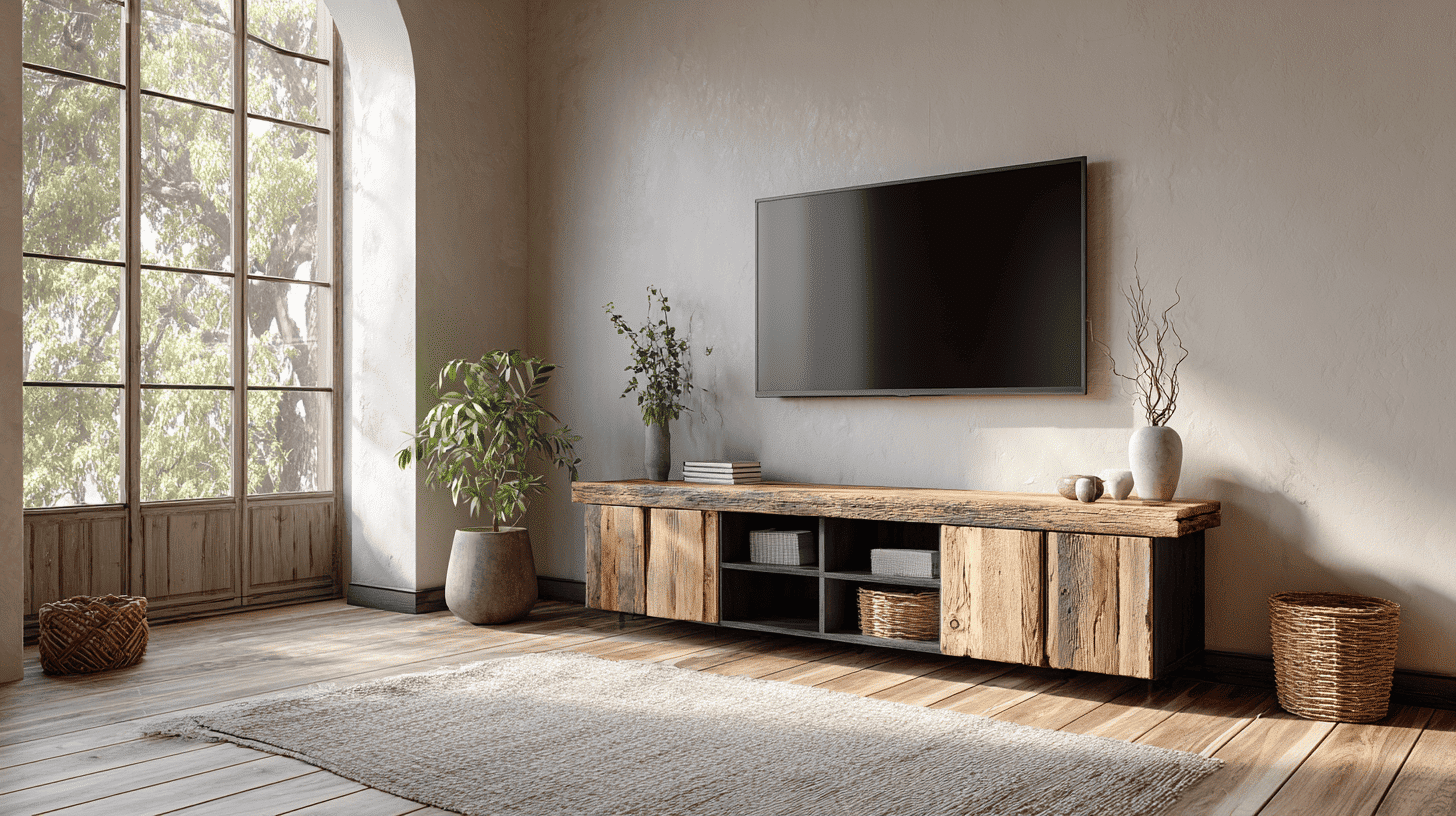 Rustic Wood Media Console With Modern Finish In Living Room