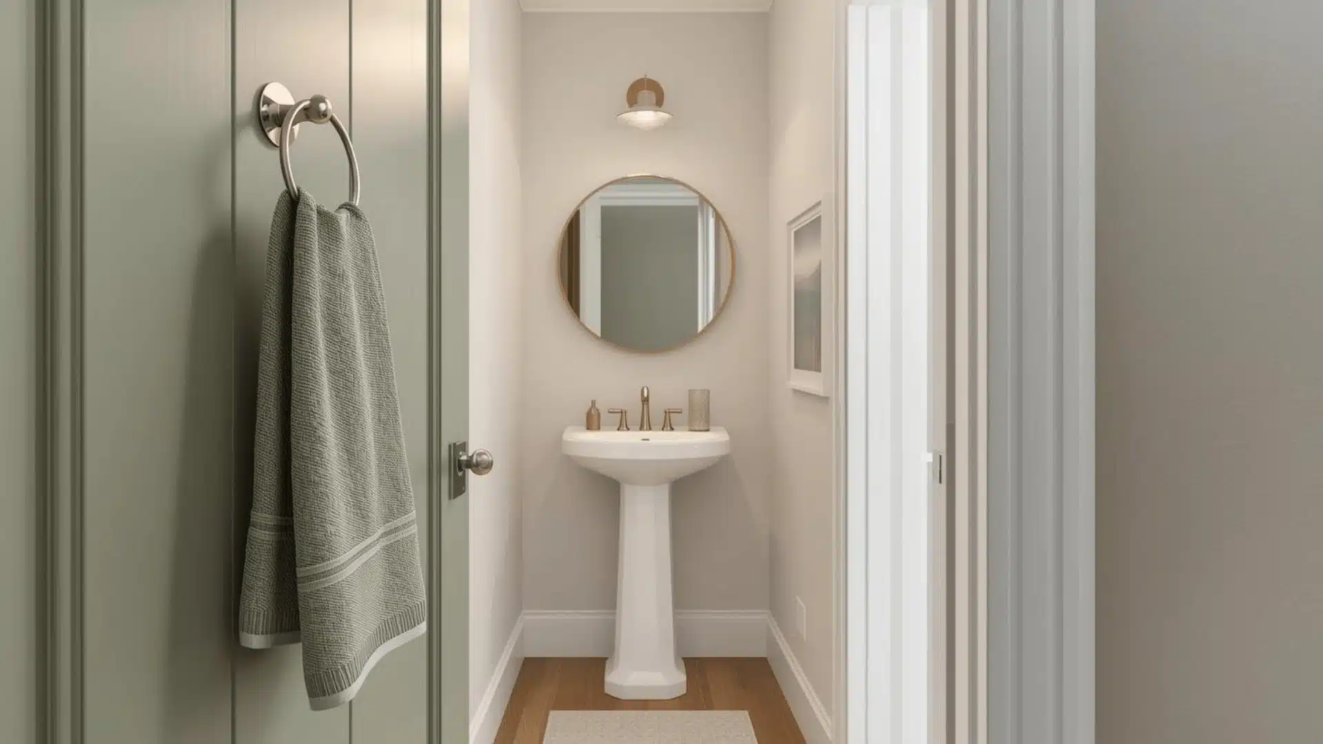 Sage interior door adds color to half bath decor.