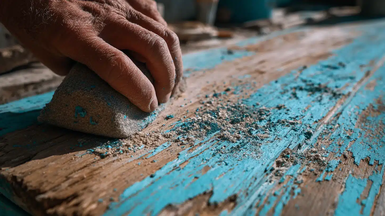 Power sander removing paint from a wooden surface during a DIY project.