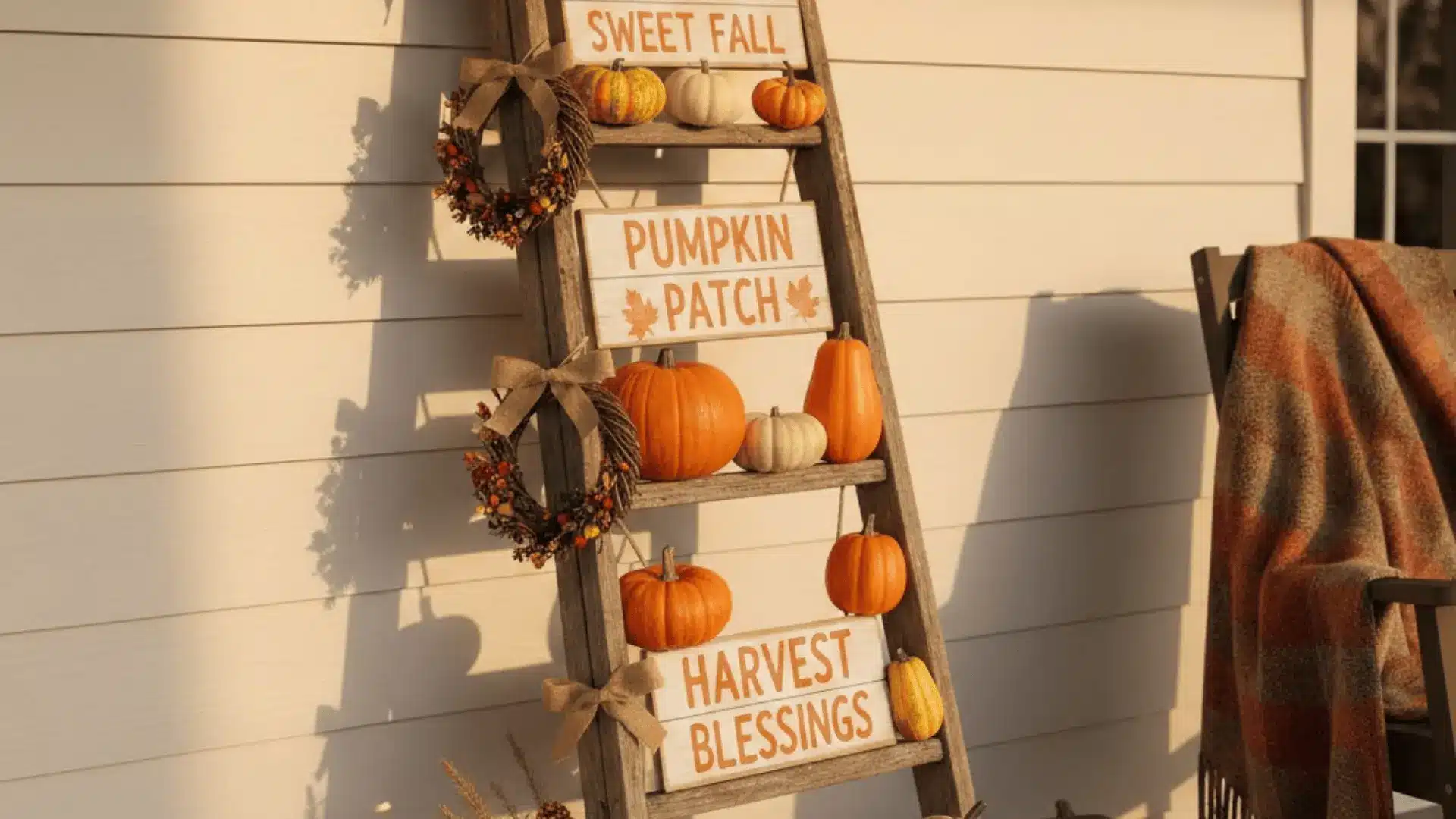 Rustic ladder leaning against the wall or door, decorated with pumpkins and fall accents.
