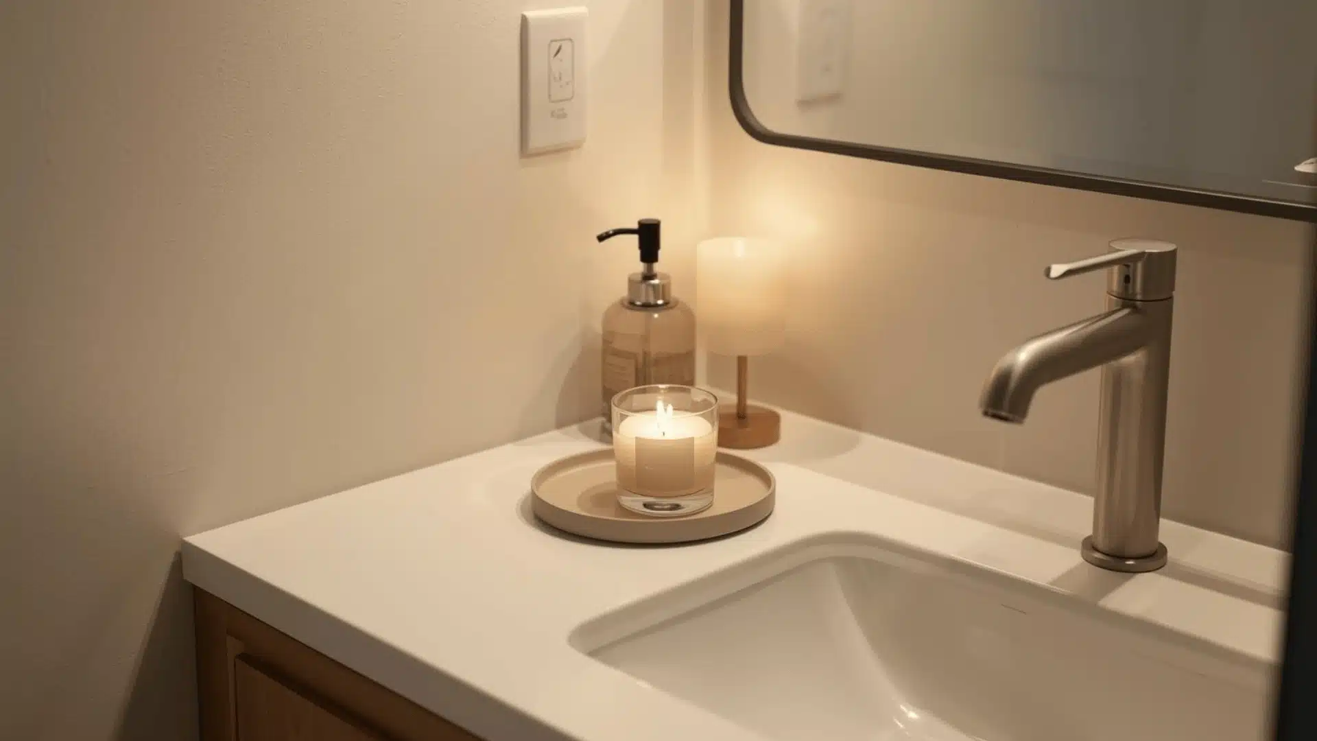 Simple Candle On Vanity Tray In Half Bath
