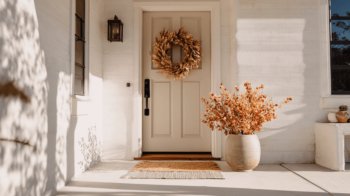 Front porch with a single neutral fall wreath and minimal decor for a clean look.