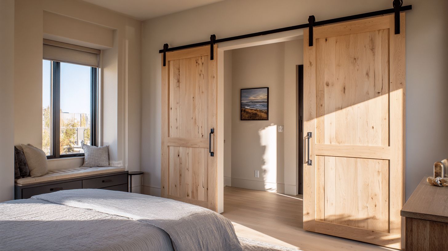 Sliding Barn Doors With Modern Hardware In Rustic Bedroom