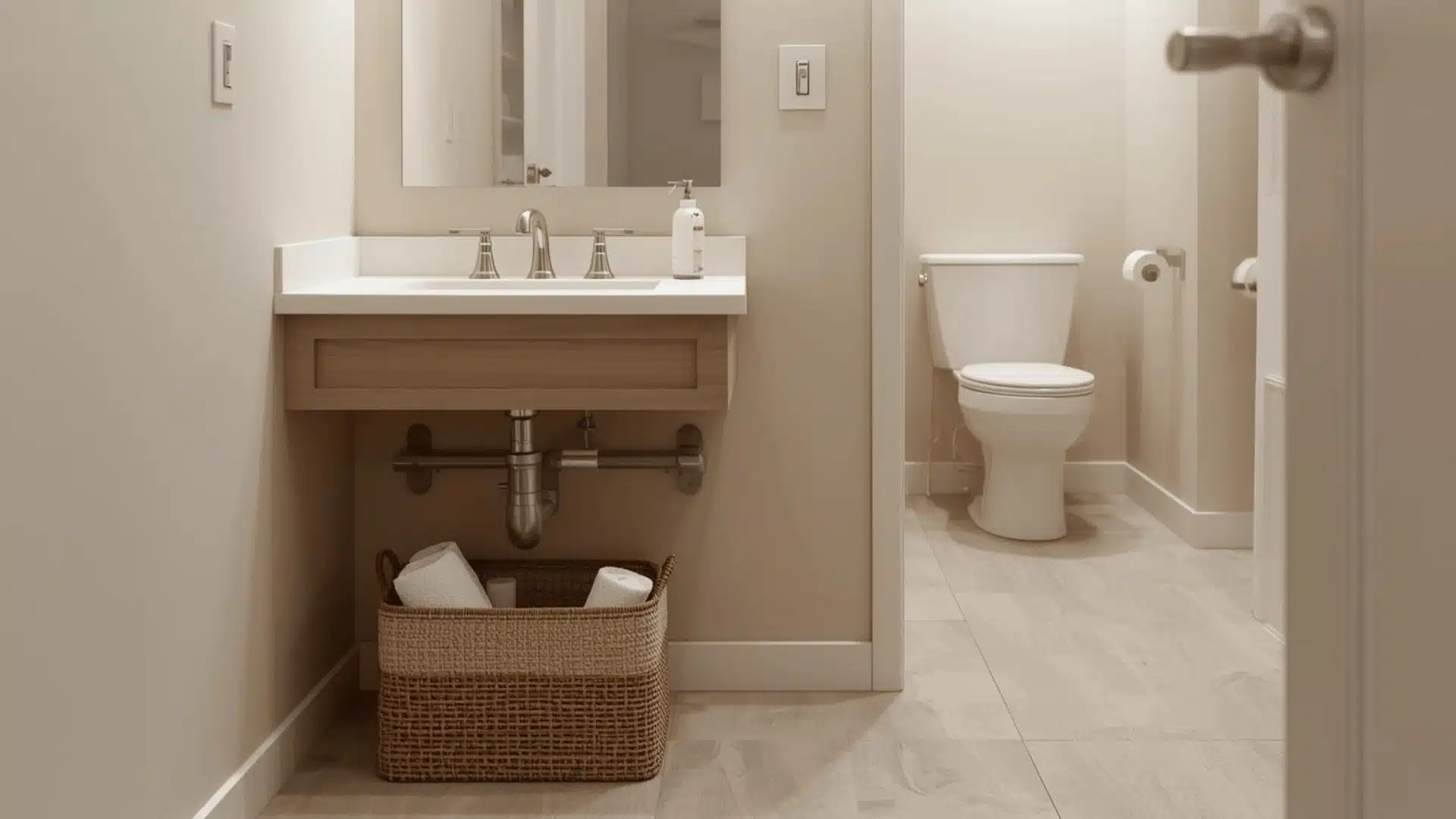 Slim basket beside vanity holds guest towels neatly.