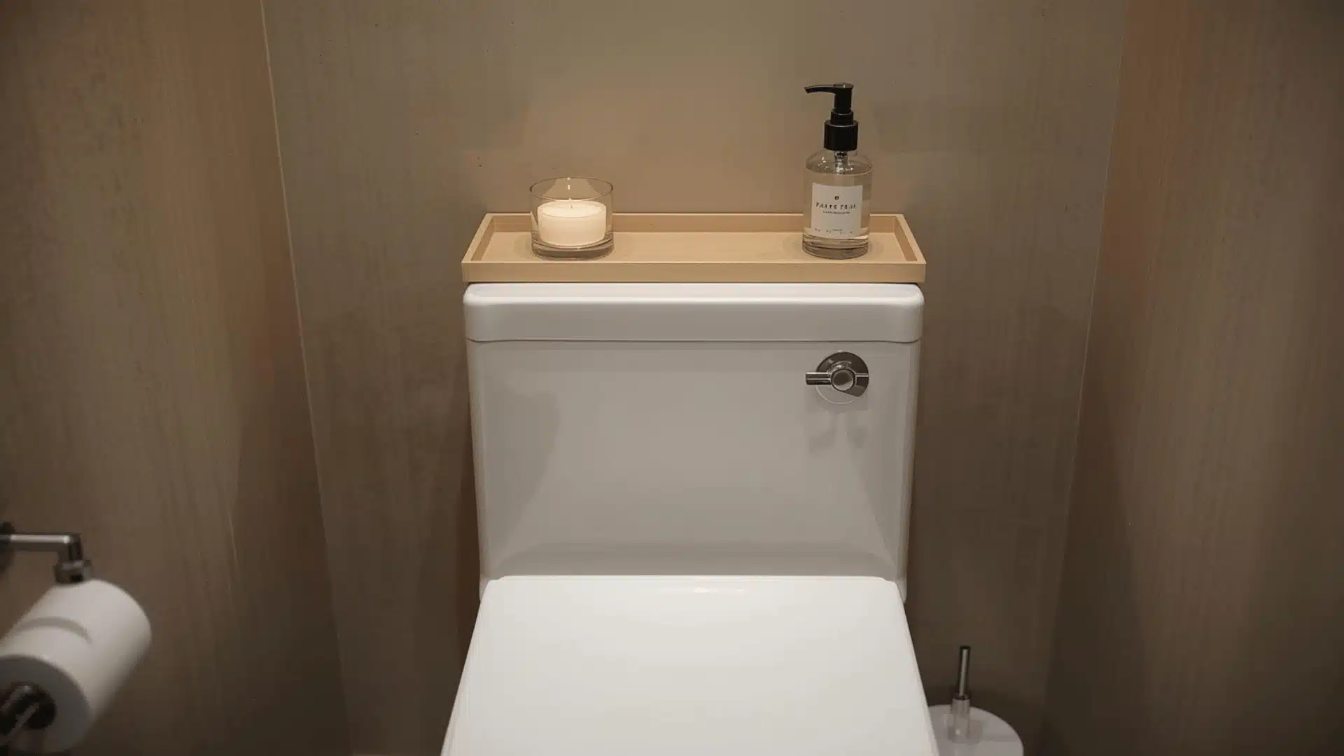 Slim tray organizes candle and spray on toilet tank.
