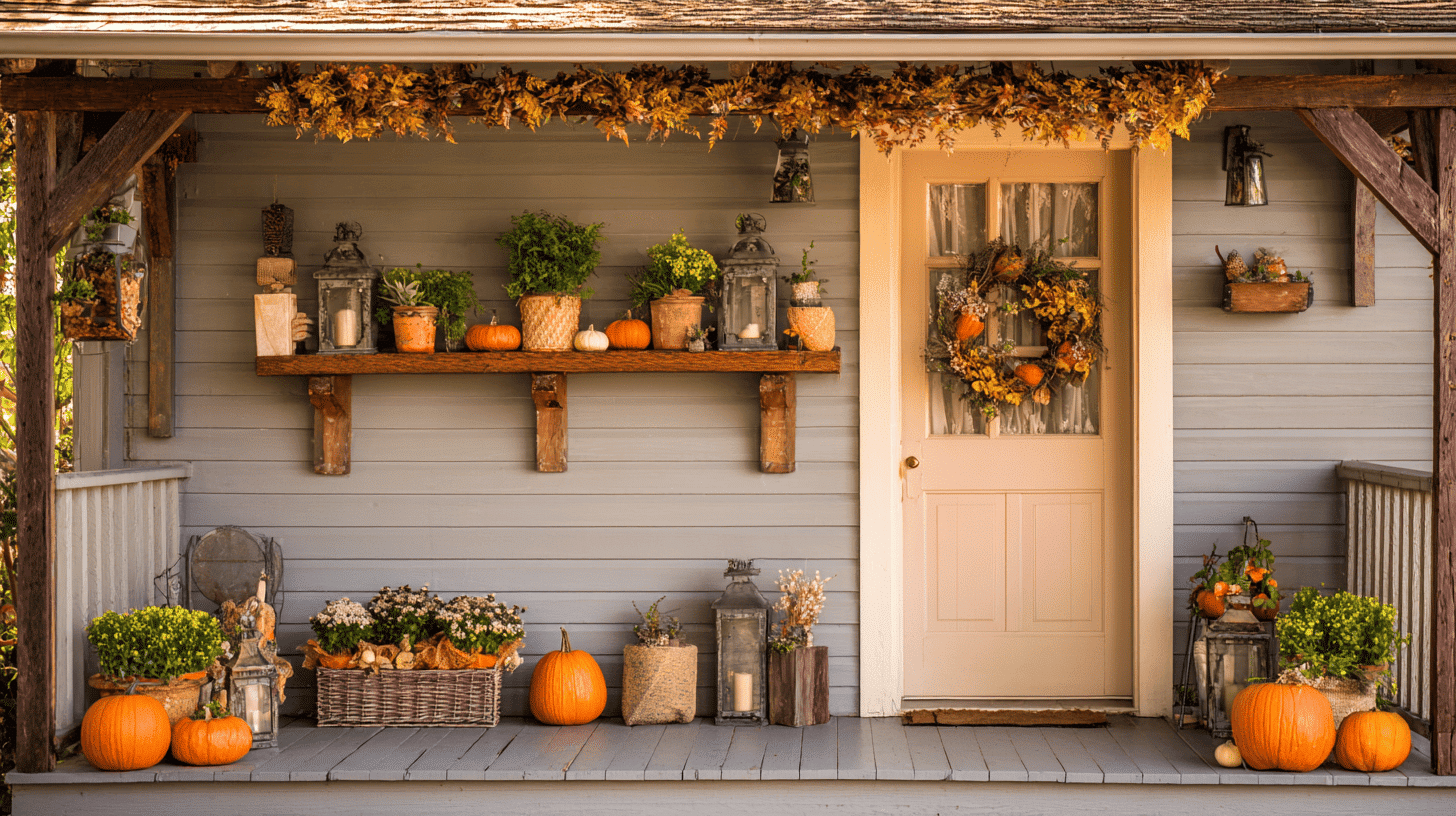 Small porch using vertical decor like wreaths, wall planters, and hanging pumpkins.