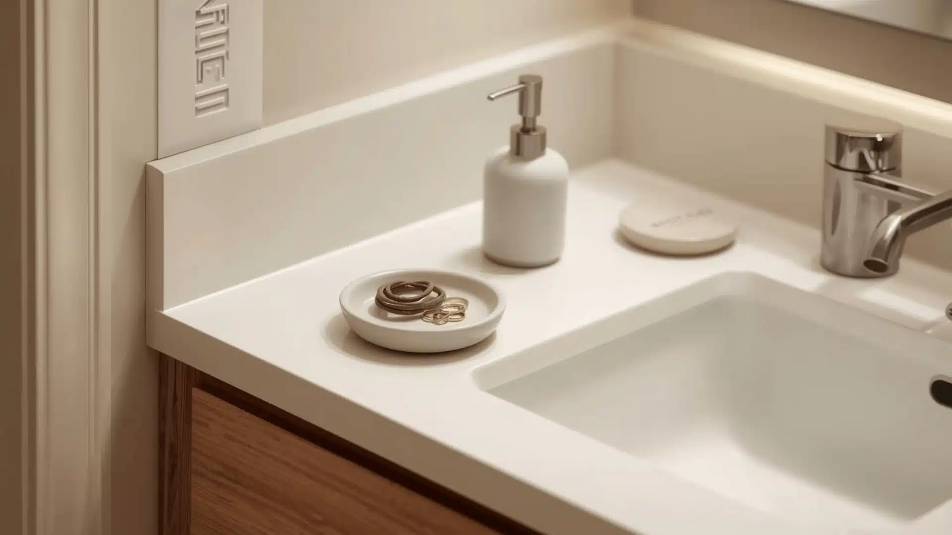 Small dish holds rings and hair bands neatly on half bath vanity.