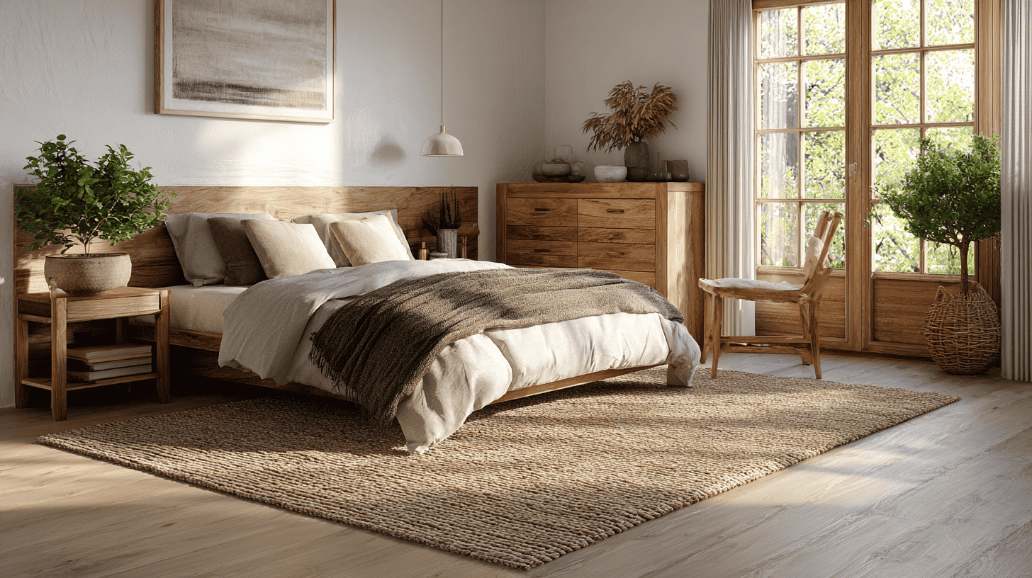 Soft Jute Or Wool Rugs In Modern Rustic Bedroom