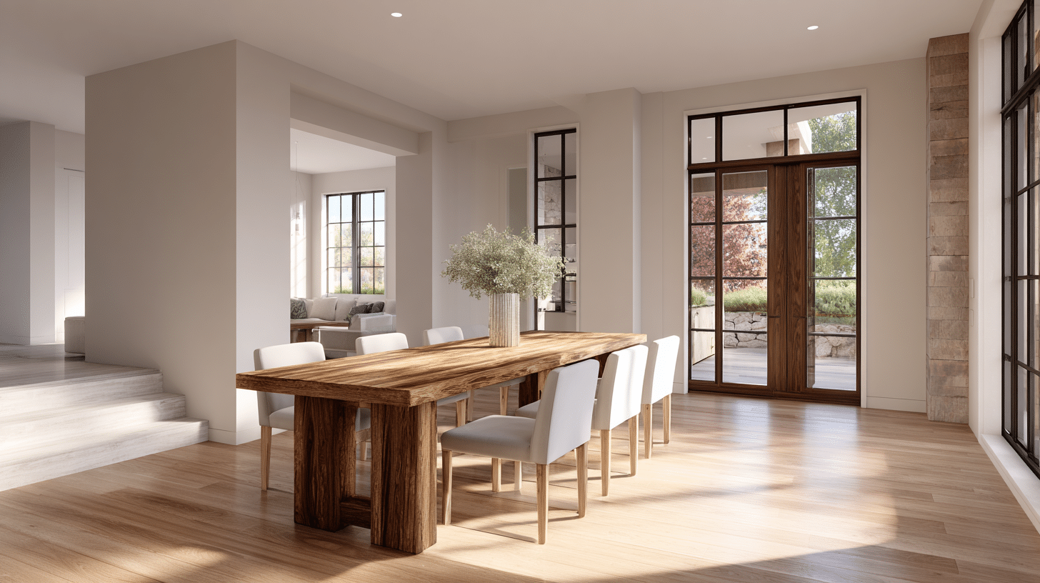 Solid Wood Dining Table With Modern Chairs In Rustic Dining Room