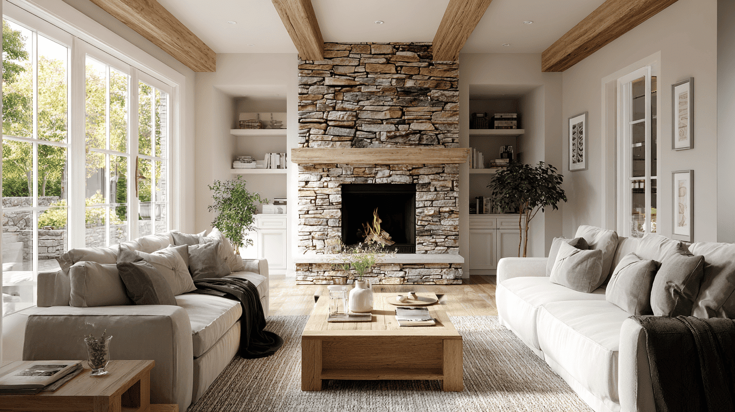 Stone Brick Fireplace In Modern Rustic Living Room